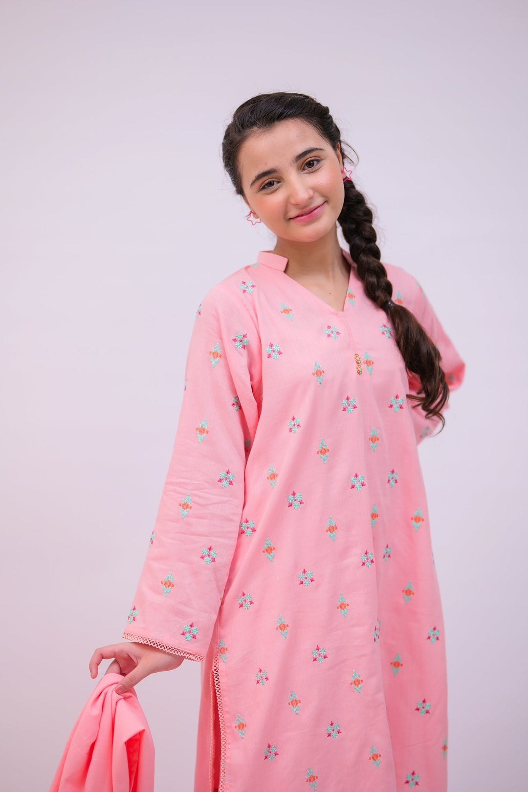 Senorita Girls RTW Girls Peach Casual 3 Piece Suit Cotton Self Dobby Printed GAD-02737 - Winter Collection