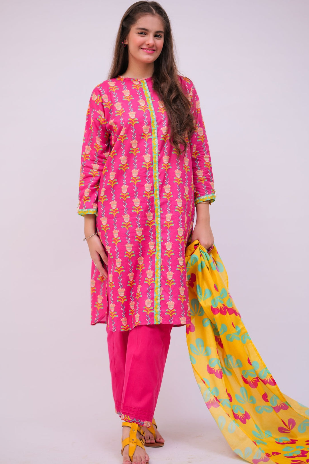 Senorita Girls Ready to Wear Girls Shocking Pink and Multicolor Casual 3 Piece Suit Cotton Lawn Printed GAD-02748 - Summer Collection