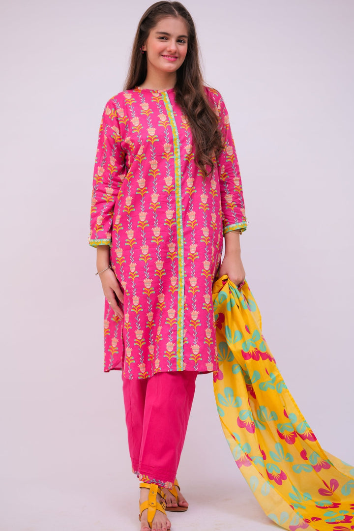 Senorita Girls Ready to Wear Girls Shocking Pink and Multicolor Casual 3 Piece Suit Cotton Lawn Printed GAD-02748 - Summer Collection