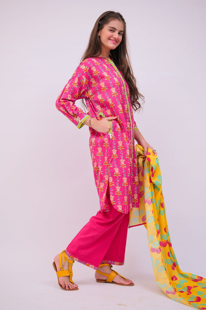 Senorita Girls Ready to Wear Girls Shocking Pink and Multicolor Casual 3 Piece Suit Cotton Lawn Printed GAD-02748 - Summer Collection