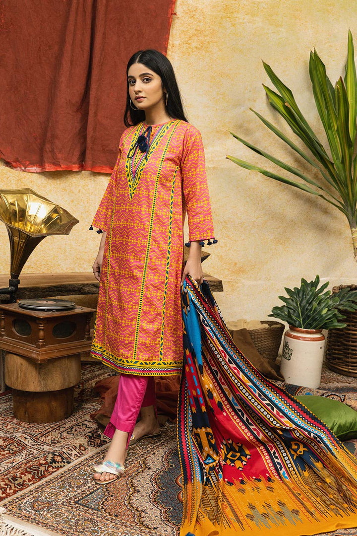Senorita Women RTW Women Embroidered Casual 3 Piece Suit Cotton Cambric Print Pink and Yellow LAD-01868 - Summer Collection