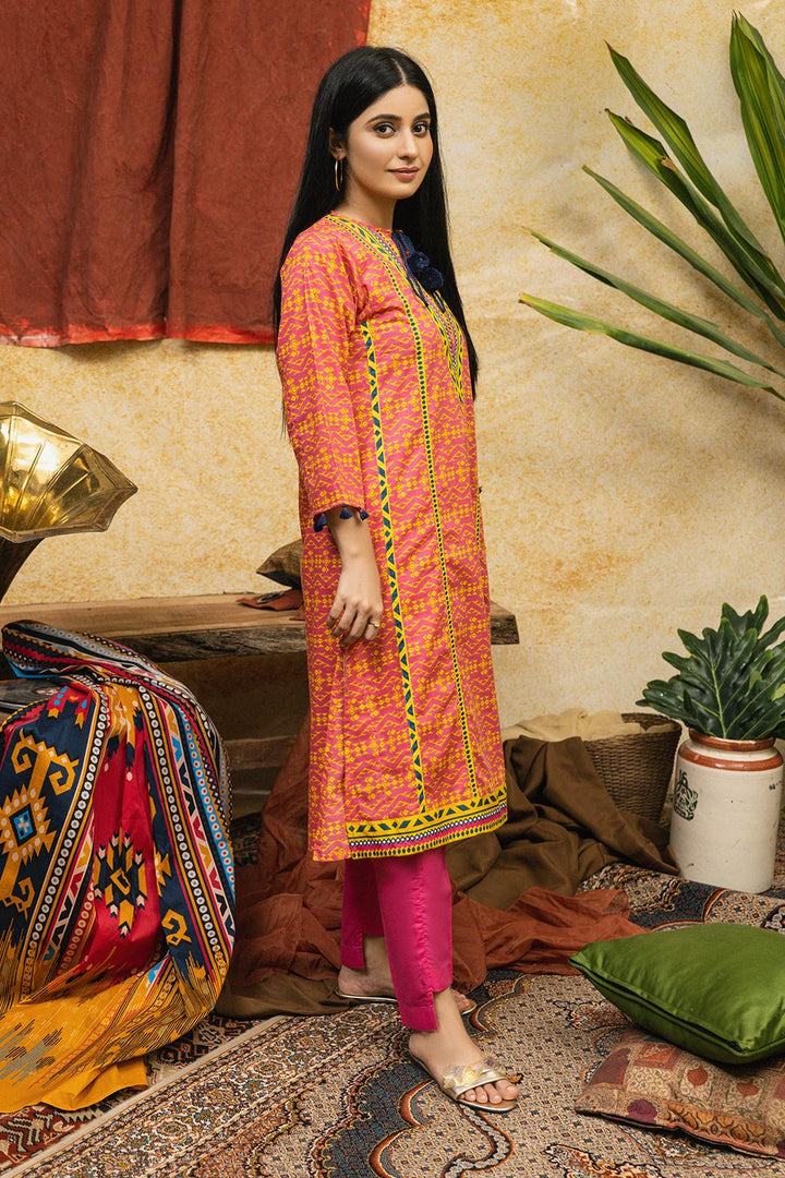 Senorita Women RTW Women Embroidered Casual 3 Piece Suit Cotton Cambric Print Pink and Yellow LAD-01868 - Summer Collection