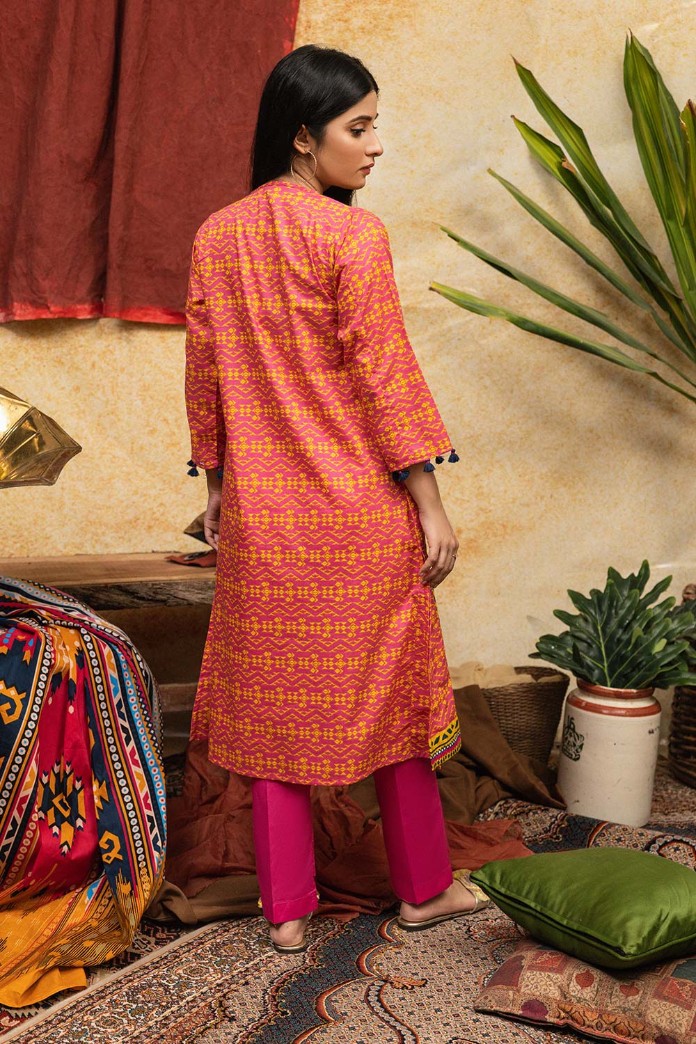 Senorita Women RTW Women Embroidered Casual 3 Piece Suit Cotton Cambric Print Pink and Yellow LAD-01868 - Summer Collection