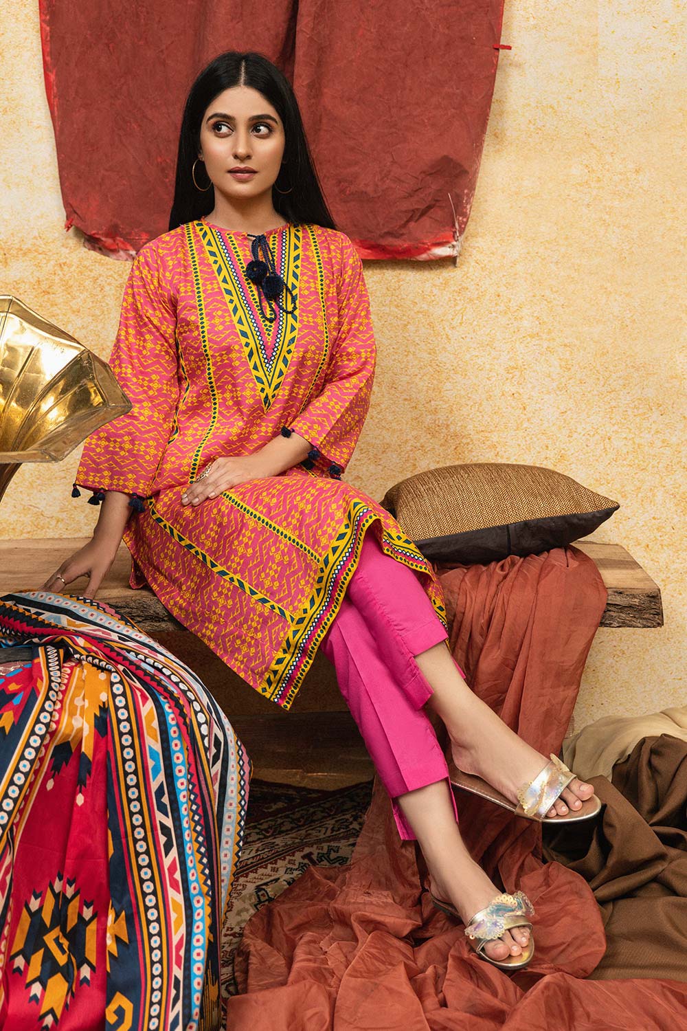 Senorita Women RTW Women Embroidered Casual 3 Piece Suit Cotton Cambric Print Pink and Yellow LAD-01868 - Summer Collection