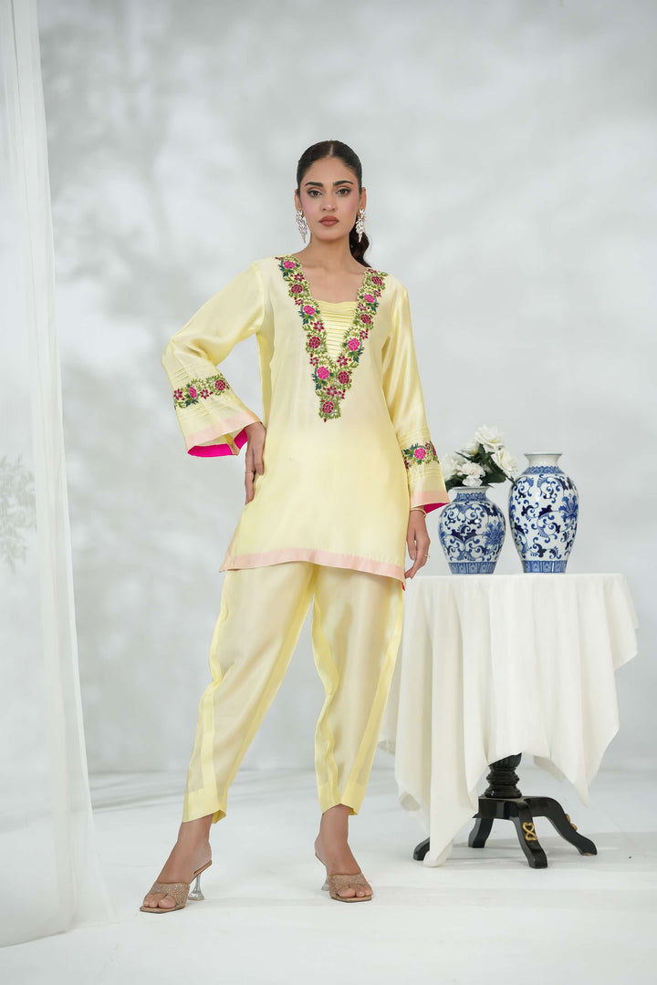 Silcot Pret Embroidered Silk Ensemble Lemon blossom - Winter Collection
