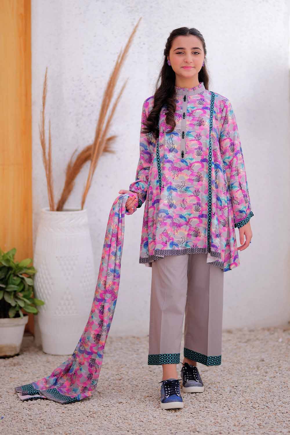 Senorita Girls RTW Girls Grey and Multicolor Casual 3 Piece Suit Marina Fabric Printed GAD-02478 - Winter Collection
