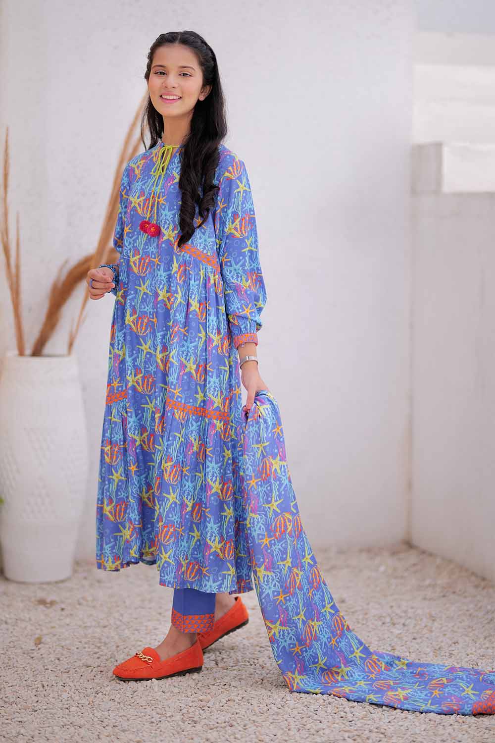 Senorita Girls RTW Girls Blue and Multicolor Casual 3 Piece Suit Marina Fabric Printed GAD-02477 - Winter Collection