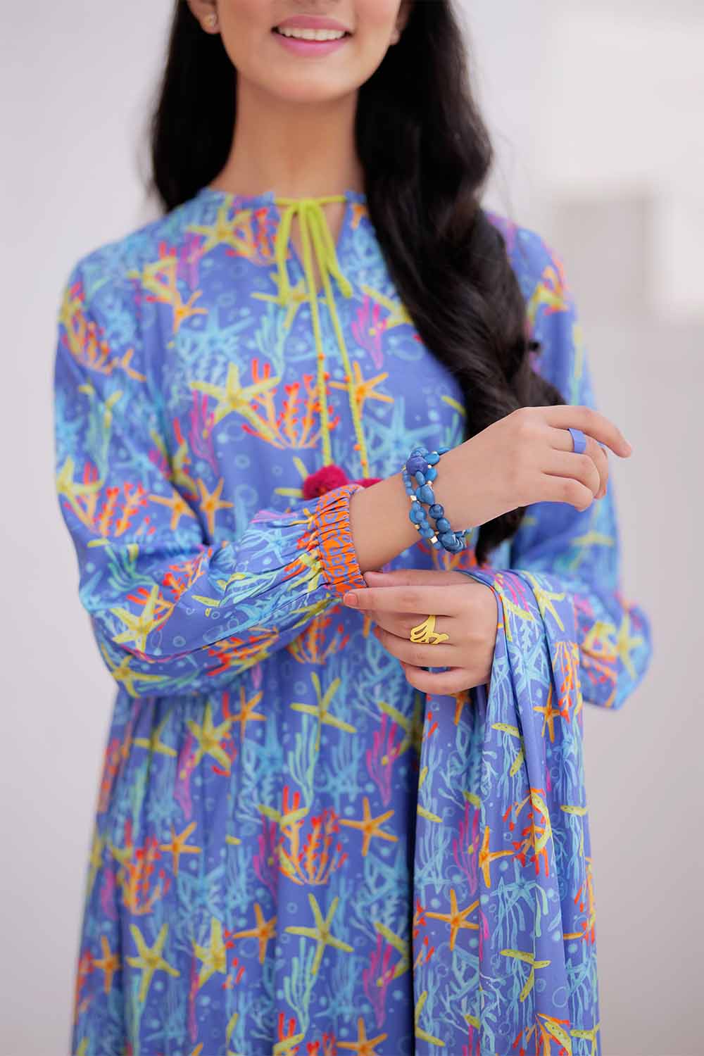 Senorita Girls RTW Girls Blue and Multicolor Casual 3 Piece Suit Marina Fabric Printed GAD-02477 - Winter Collection