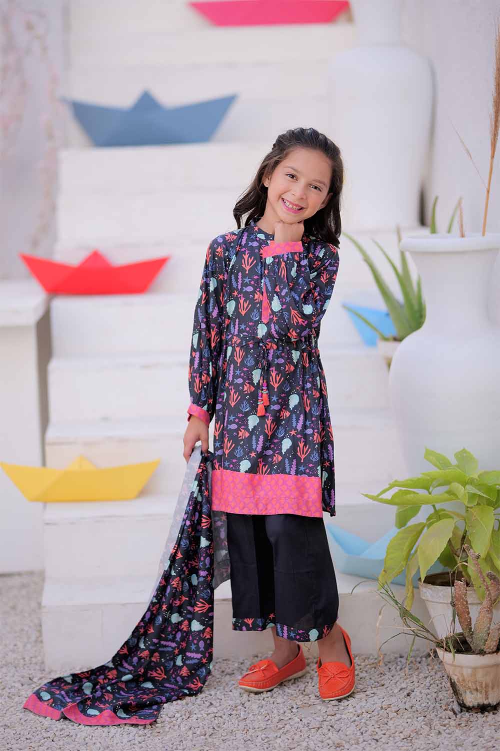 Senorita Kids RTW Black and Multicolor Casual 3 Piece Suit Marina Printed KAD-02480 - Summer Collection