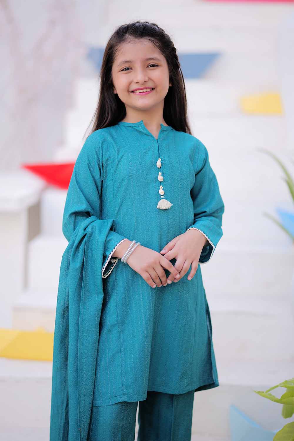Senorita Kids RTW Tarqvise Blue Casual 3 Piece Suit Karandi  KAD-02486 - Winter Collection