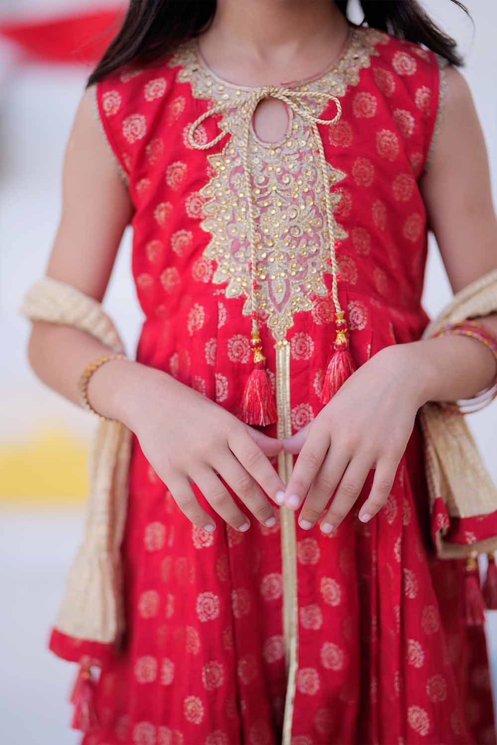 Senorita Kids RTW Red and Golden Formal 3 Piece Suit Banarsi Jamavar  KDD-02407 - Winter Collection