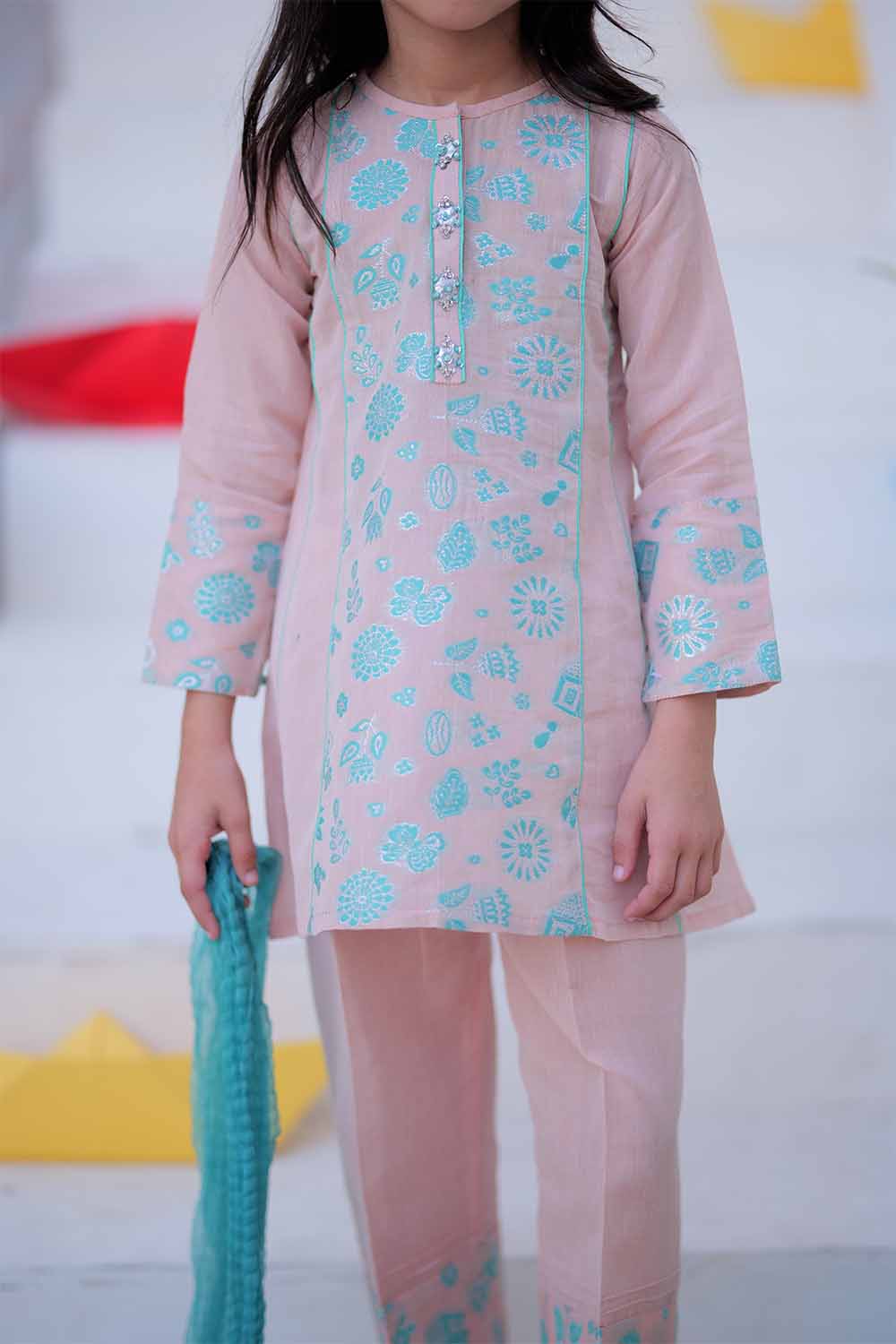 Senorita Kids RTW Peach and S.Green Formal 3 Piece Suit Masuri Jacquard Fancy  KDD-02408 - Winter Collection