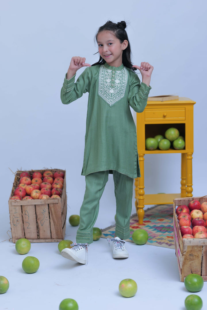Senorita Kids RTW Green and Gold Casual 2 Piece Suit Acrylic  KAC-02773 - Summer Collection