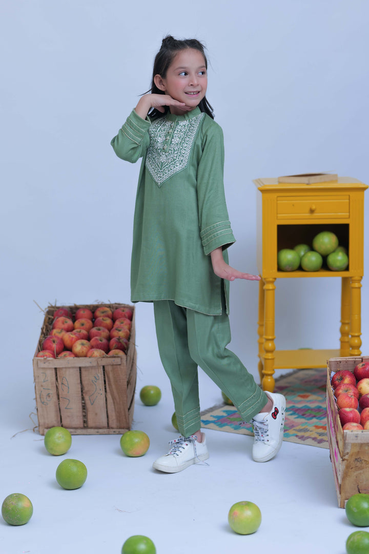Senorita Kids RTW Green and Gold Casual 2 Piece Suit Acrylic  KAC-02773 - Summer Collection