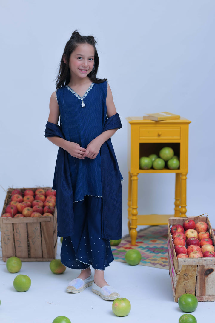 Senorita Kids RTW Royal Blue and Silver Casual Plus 3 Piece Suit Viscose Self Dobby KBD-02820 - Summer Collection