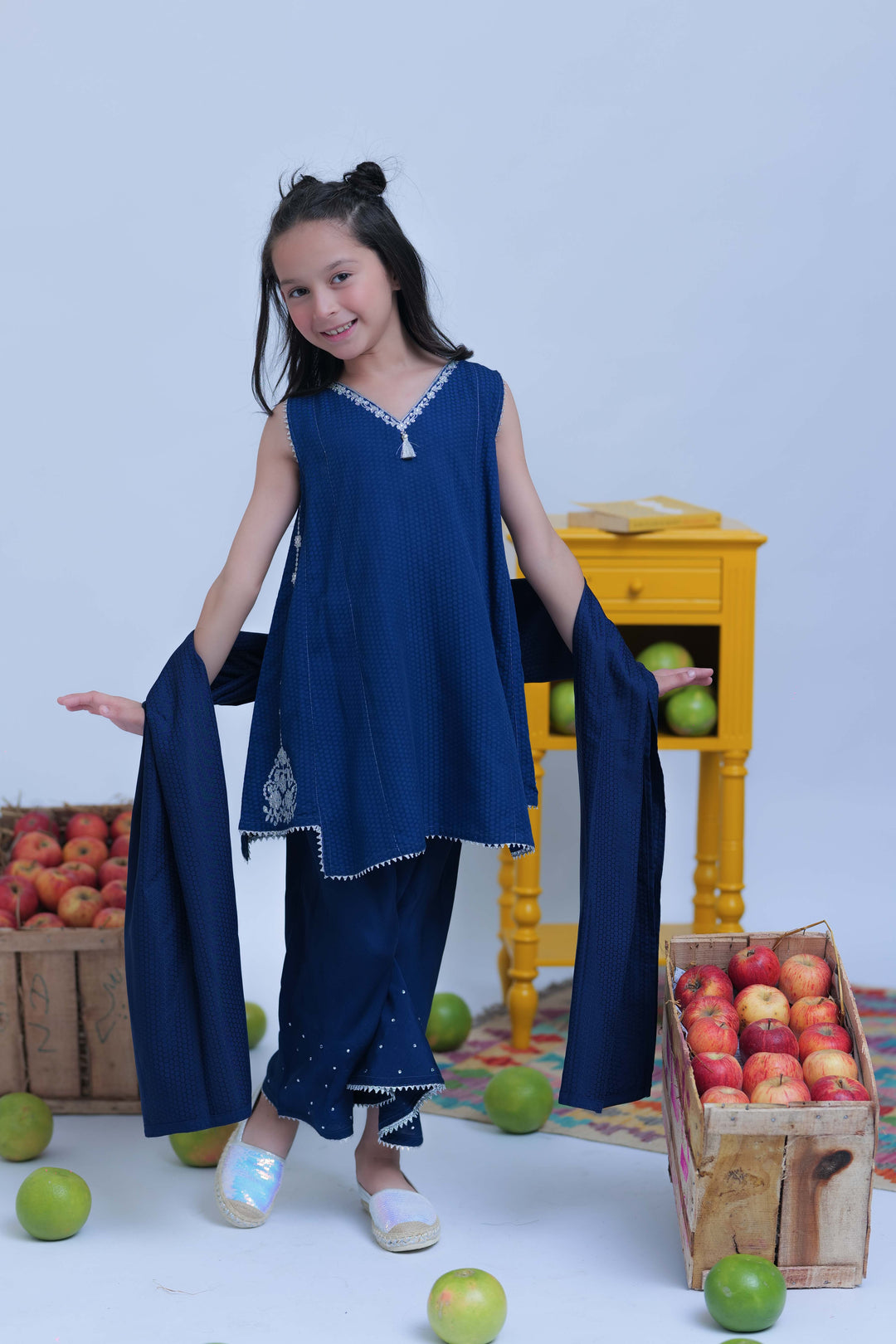 Senorita Kids RTW Royal Blue and Silver Casual Plus 3 Piece Suit Viscose Self Dobby KBD-02820 - Summer Collection