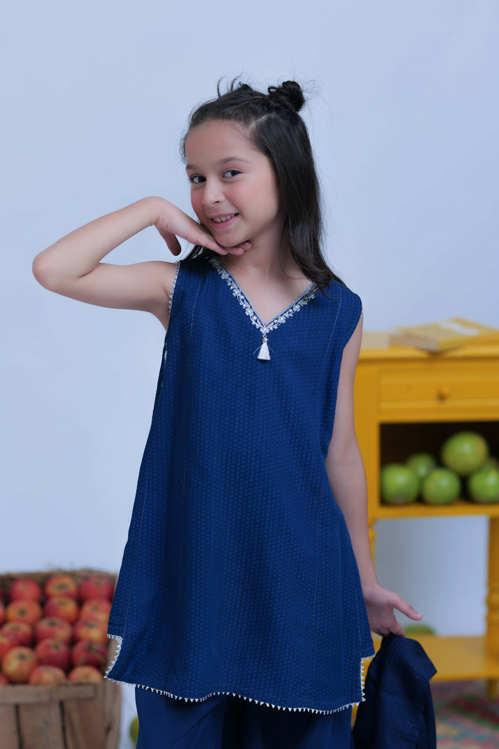 Senorita Kids RTW Royal Blue and Silver Casual Plus 3 Piece Suit Viscose Self Dobby KBD-02820 - Summer Collection