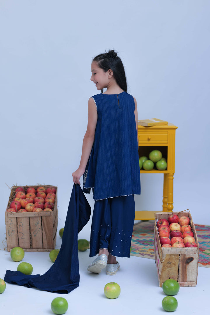 Senorita Kids RTW Royal Blue and Silver Casual Plus 3 Piece Suit Viscose Self Dobby KBD-02820 - Summer Collection