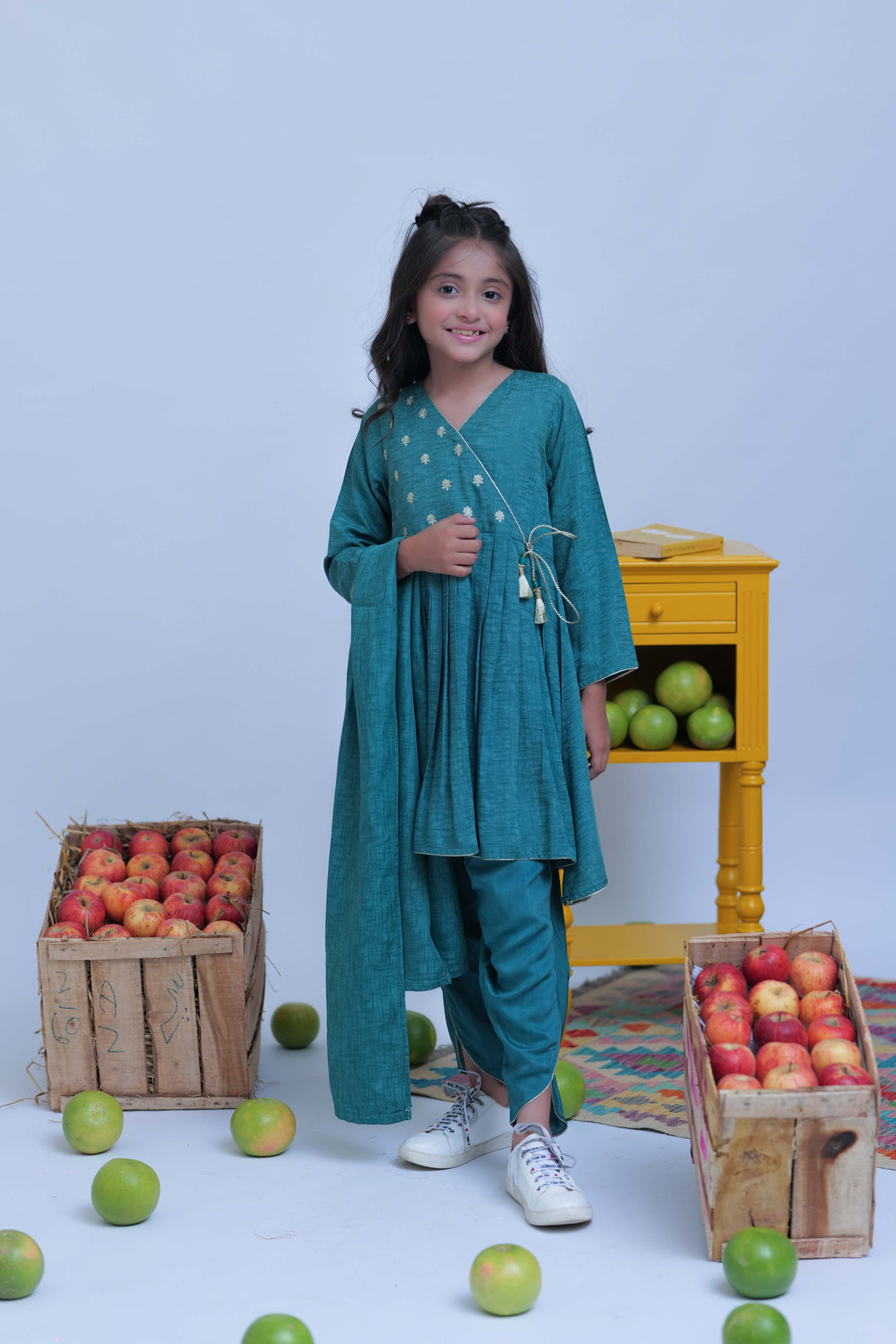 Senorita Kids RTW Turquoise Green and Gold Casual Plus 3 Piece Suit Viscose Self Dobby KBD-02826 - Summer Collection
