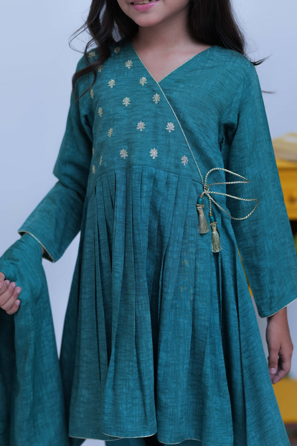Senorita Kids RTW Turquoise Green and Gold Casual Plus 3 Piece Suit Viscose Self Dobby KBD-02826 - Summer Collection