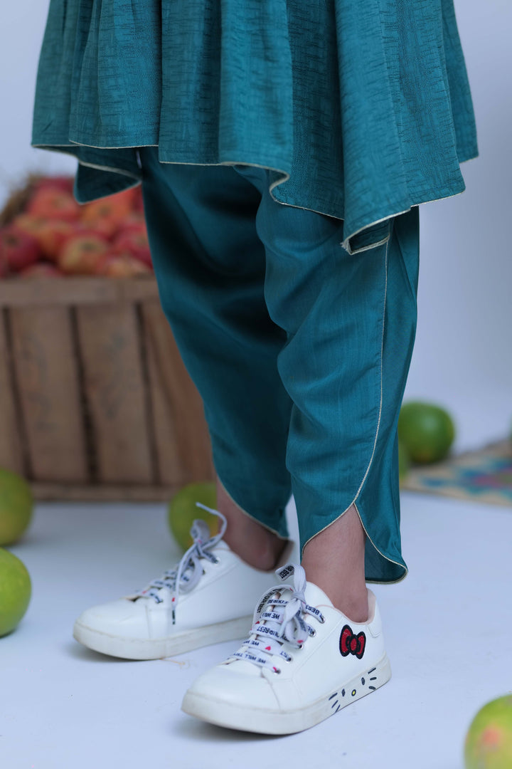 Senorita Kids RTW Turquoise Green and Gold Casual Plus 3 Piece Suit Viscose Self Dobby KBD-02826 - Summer Collection