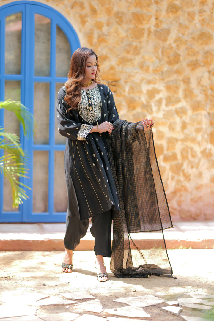 Senorita Women RTW Women Solids Black and Gold Formal 3 Piece Suit Viscose Raw Silk LDD-02741 - Winter Collection