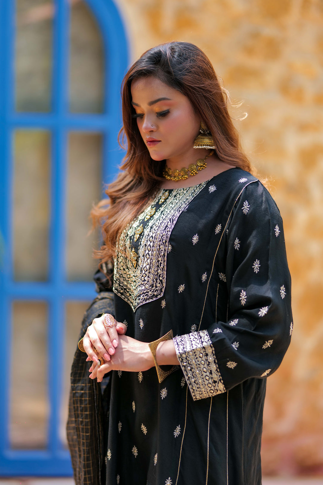 Senorita Women RTW Women Solids Black and Gold Formal 3 Piece Suit Viscose Raw Silk LDD-02741 - Winter Collection