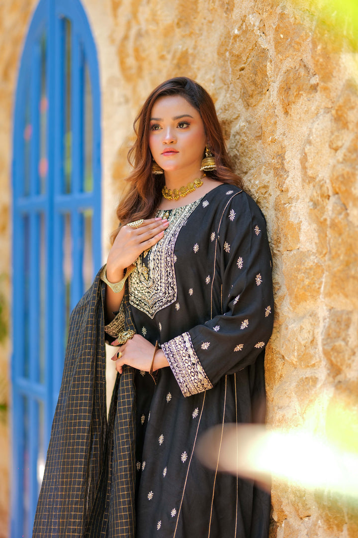 Senorita Women RTW Women Solids Black and Gold Formal 3 Piece Suit Viscose Raw Silk LDD-02741 - Winter Collection