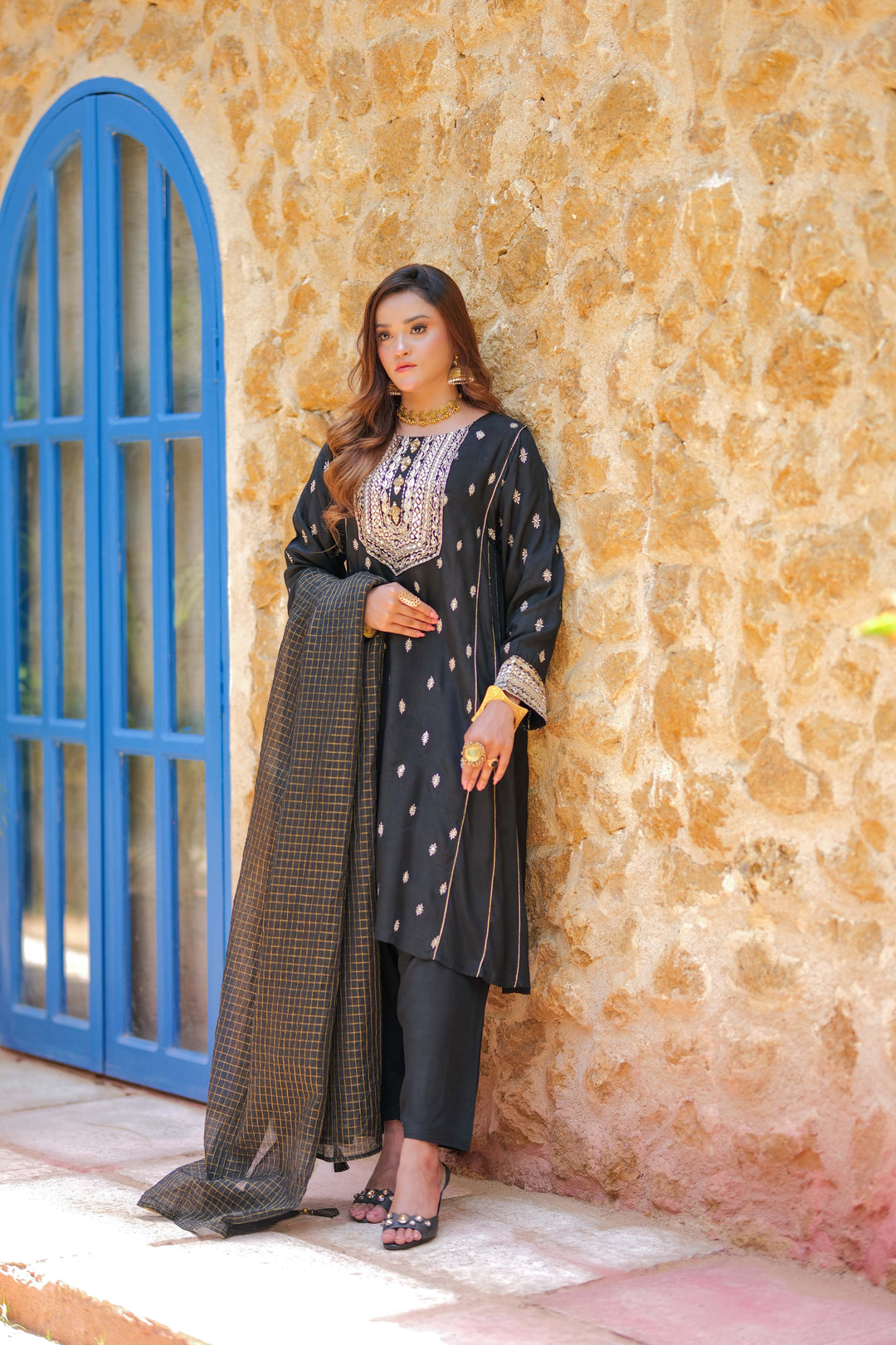 Senorita Women RTW Women Solids Black and Gold Formal 3 Piece Suit Viscose Raw Silk LDD-02741 - Winter Collection