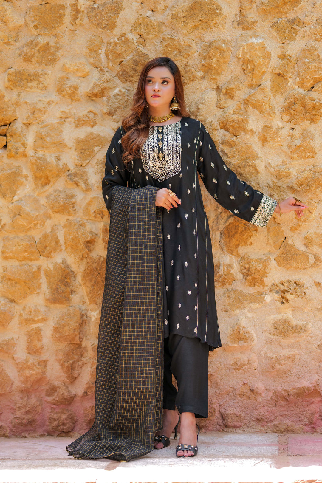 Senorita Women RTW Women Solids Black and Gold Formal 3 Piece Suit Viscose Raw Silk LDD-02741 - Winter Collection