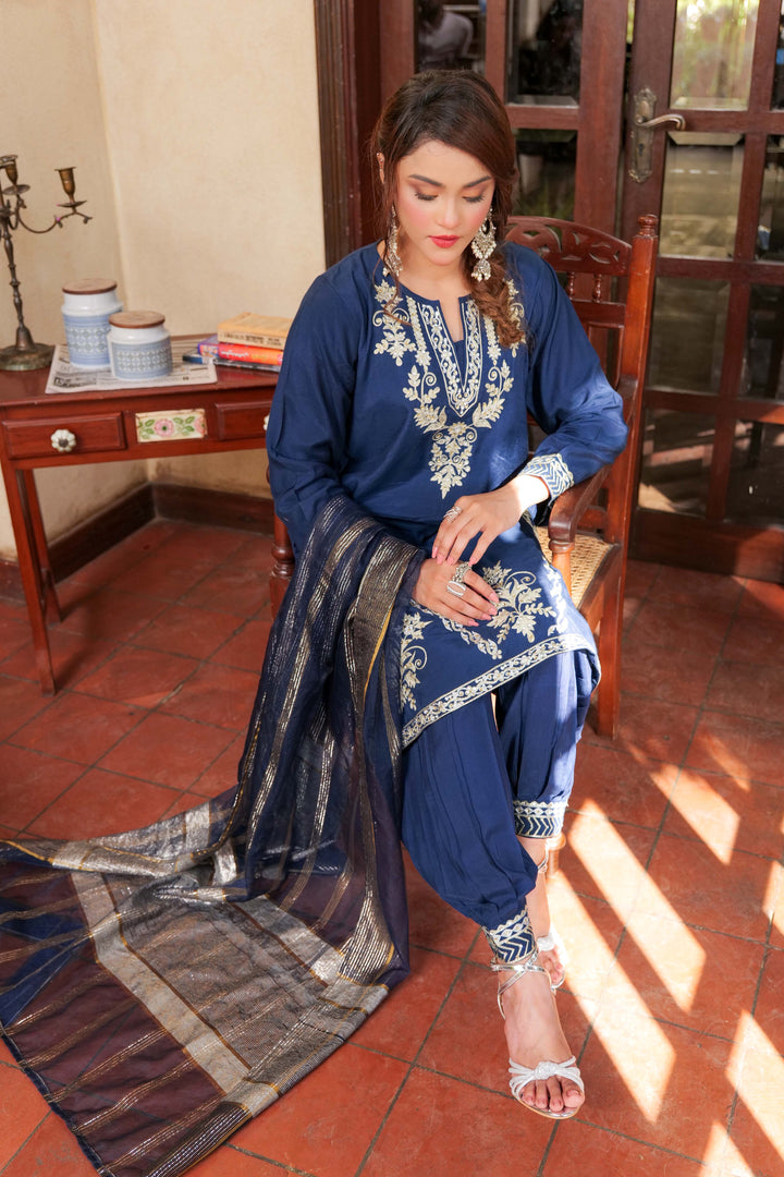 Senorita Women RTW Women Solids Dark Blue and Gold Formal 3 Piece Suit Viscose Raw Silk LDD-02739 - Winter Collection