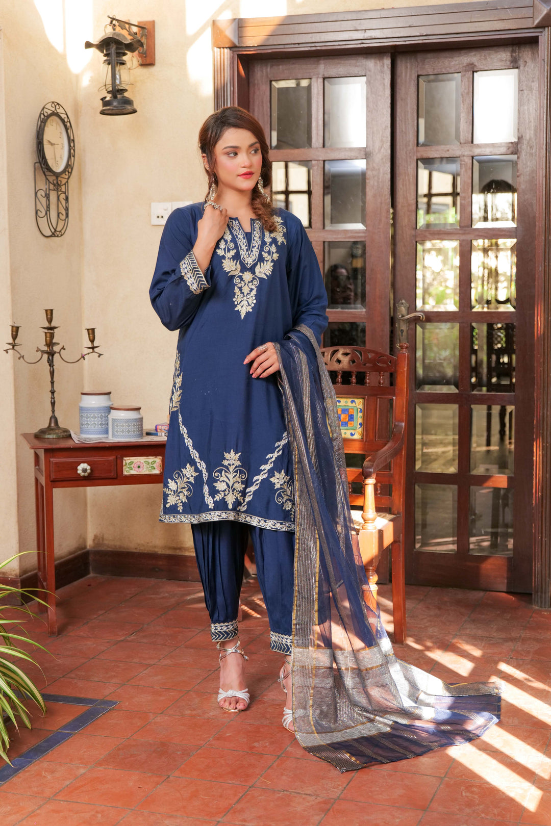 Senorita Women RTW Women Solids Dark Blue and Gold Formal 3 Piece Suit Viscose Raw Silk LDD-02739 - Winter Collection