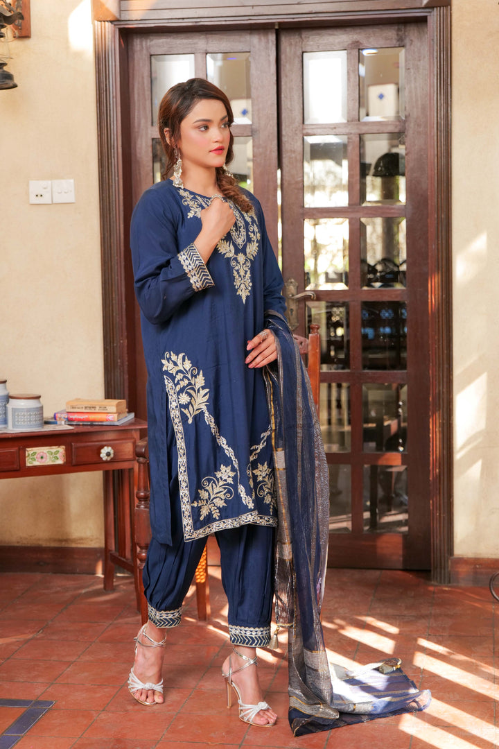 Senorita Women RTW Women Solids Dark Blue and Gold Formal 3 Piece Suit Viscose Raw Silk LDD-02739 - Winter Collection