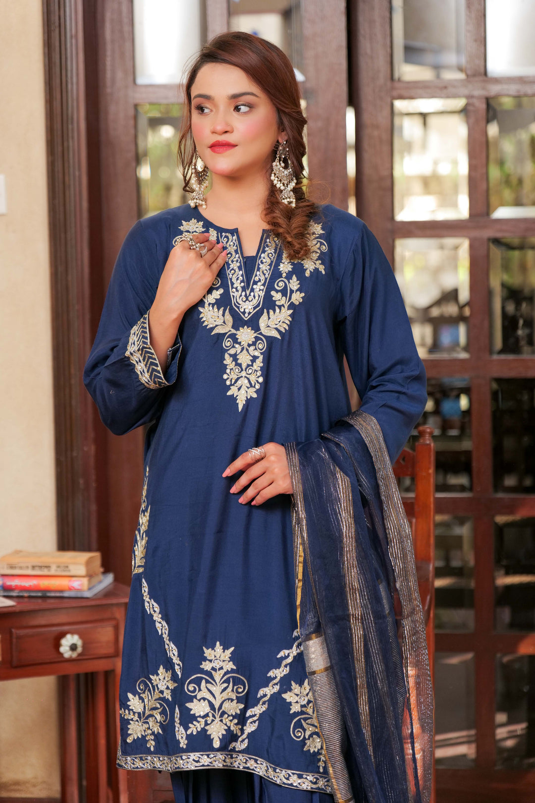 Senorita Women RTW Women Solids Dark Blue and Gold Formal 3 Piece Suit Viscose Raw Silk LDD-02739 - Winter Collection