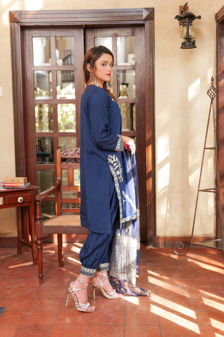 Senorita Women RTW Women Solids Dark Blue and Gold Formal 3 Piece Suit Viscose Raw Silk LDD-02739 - Winter Collection