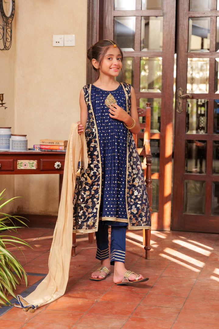 Senorita Kids RTW Navy Blue and Gold Formal 3 Piece Suit Crinkle Shafoon Fancy  KDD-02758 - Summer Collection