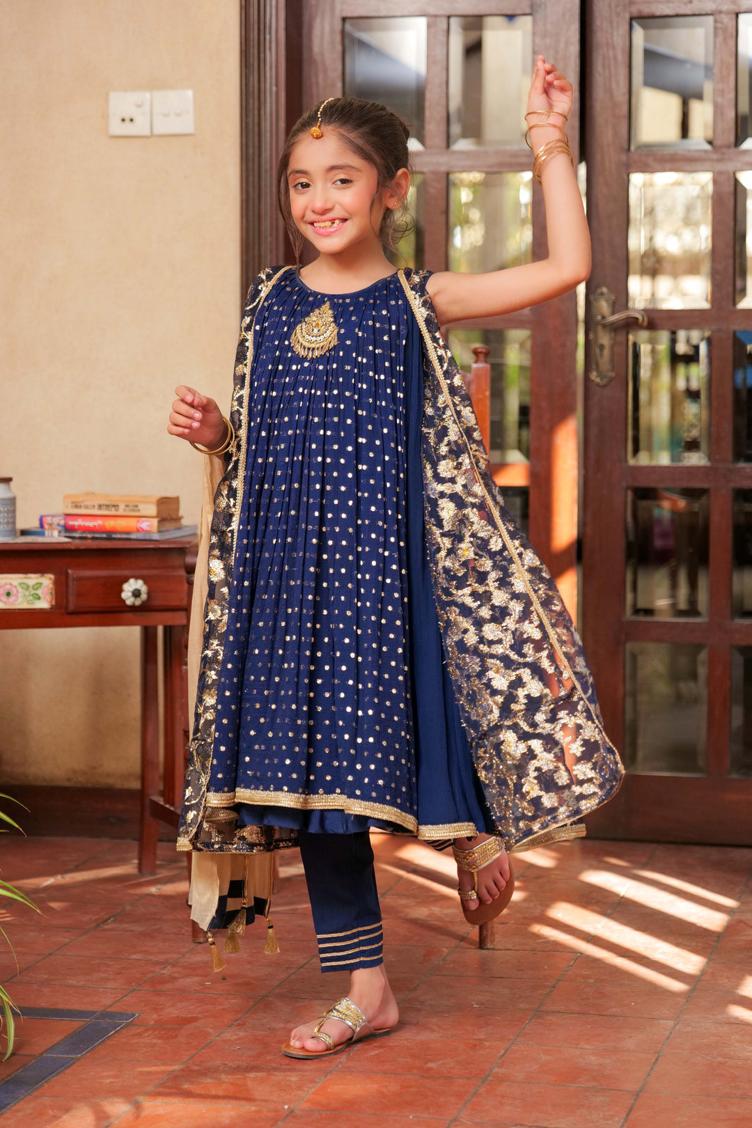 Senorita Kids RTW Navy Blue and Gold Formal 3 Piece Suit Crinkle Shafoon Fancy  KDD-02758 - Summer Collection