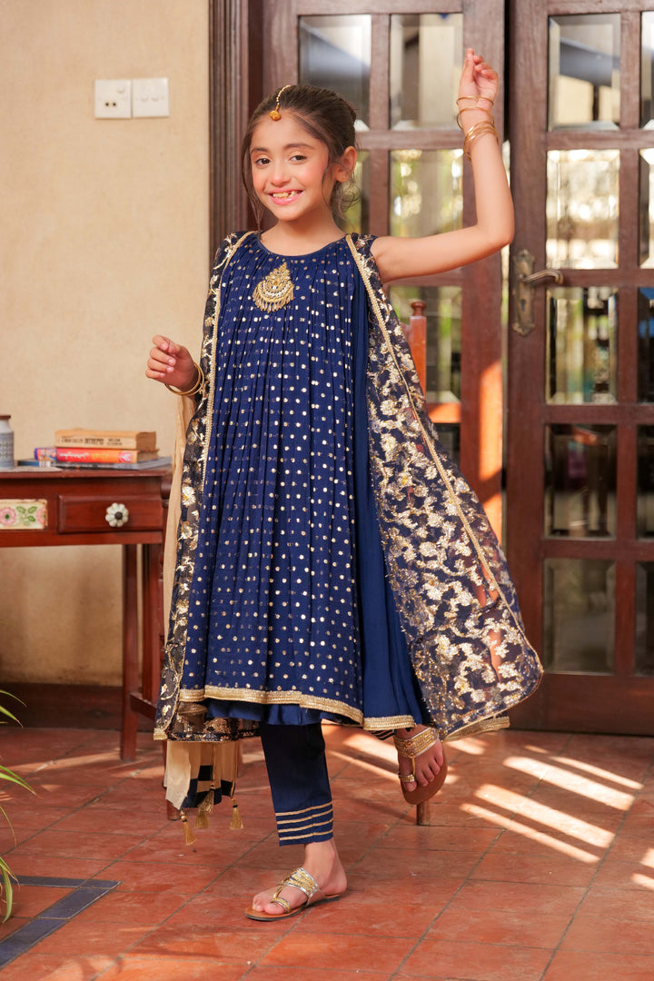 Senorita Kids RTW Navy Blue and Gold Formal 3 Piece Suit Crinkle Shafoon Fancy  KDD-02758 - Summer Collection