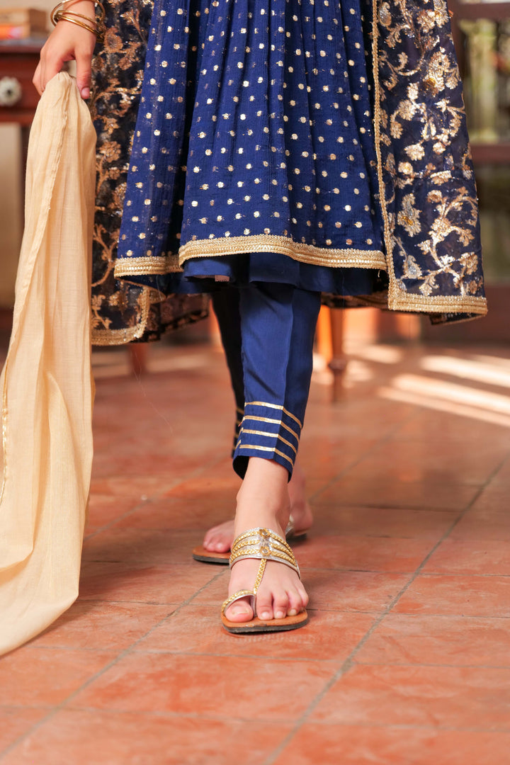 Senorita Kids RTW Navy Blue and Gold Formal 3 Piece Suit Crinkle Shafoon Fancy  KDD-02758 - Summer Collection