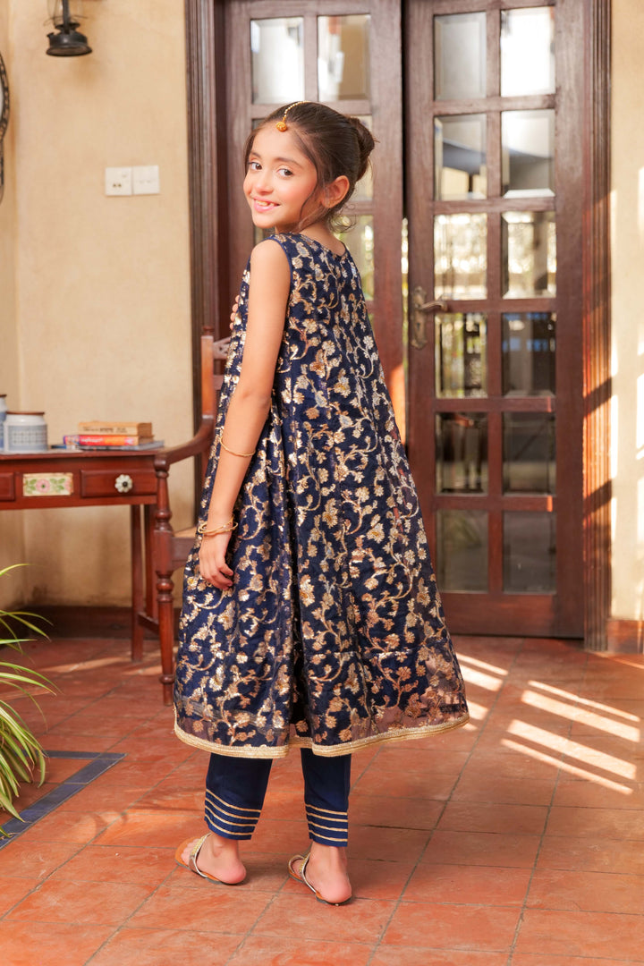 Senorita Kids RTW Navy Blue and Gold Formal 3 Piece Suit Crinkle Shafoon Fancy  KDD-02758 - Summer Collection