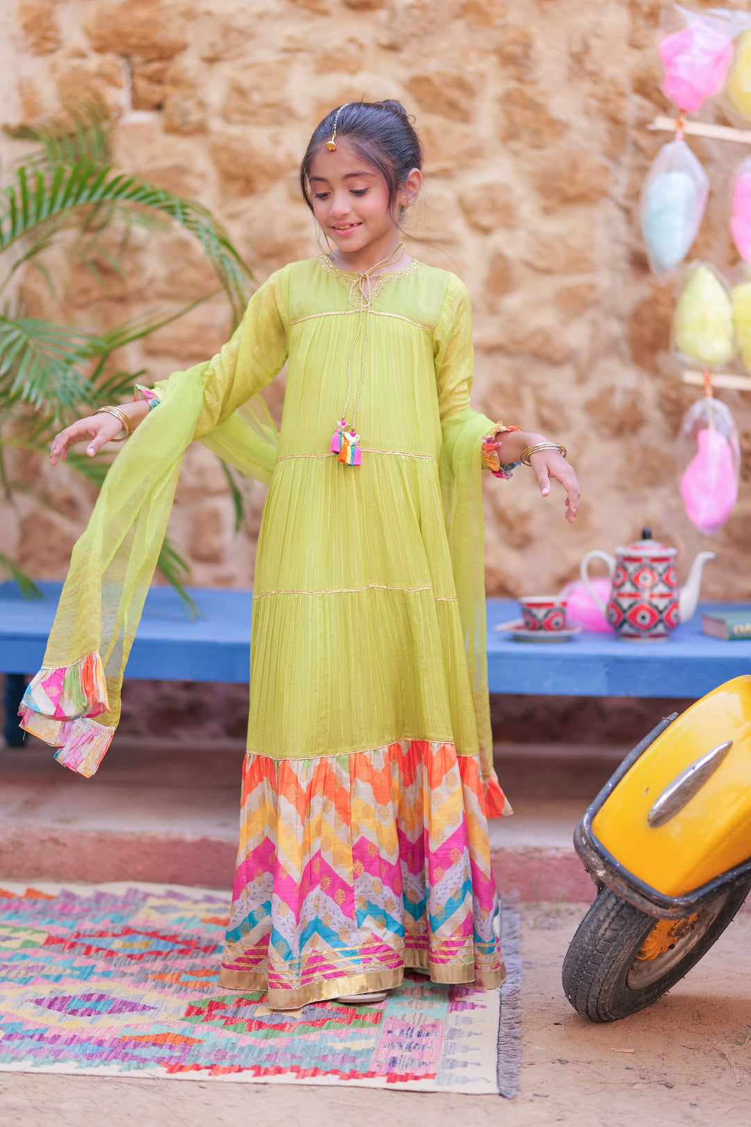 Senorita Kids RTW Perot Green and Gold Formal 3 Piece Suit Crinkle Shafoon Fancy  KDD-02761 - Summer Collection
