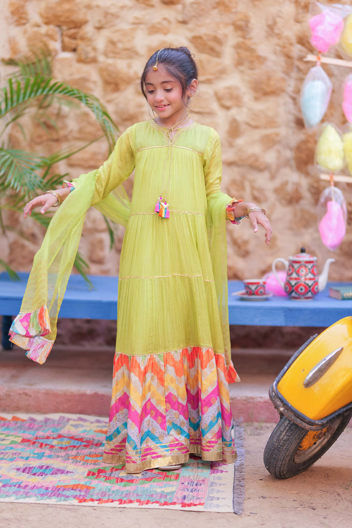 Senorita Kids RTW Perot Green and Gold Formal 3 Piece Suit Crinkle Shafoon Fancy  KDD-02761 - Summer Collection