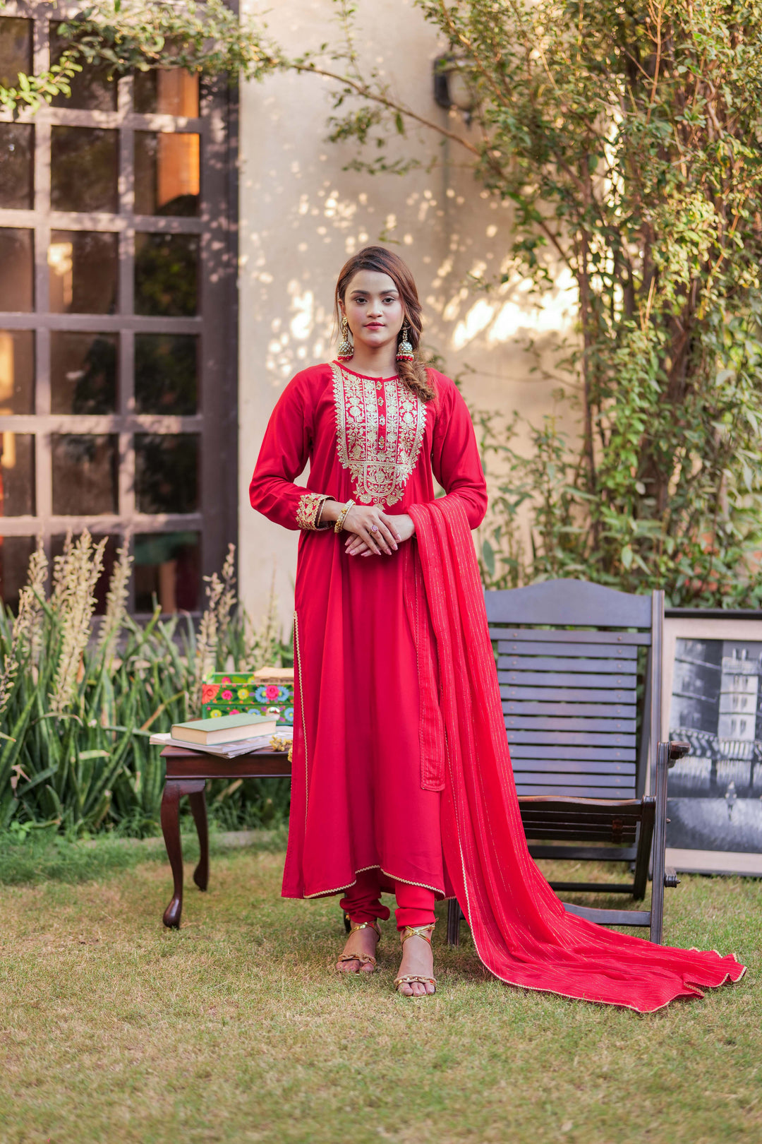 Senorita Women RTW Women Solids Red and Gold Formal 3 Piece Suit Viscose Raw Silk LDD-02740 - Winter Collection