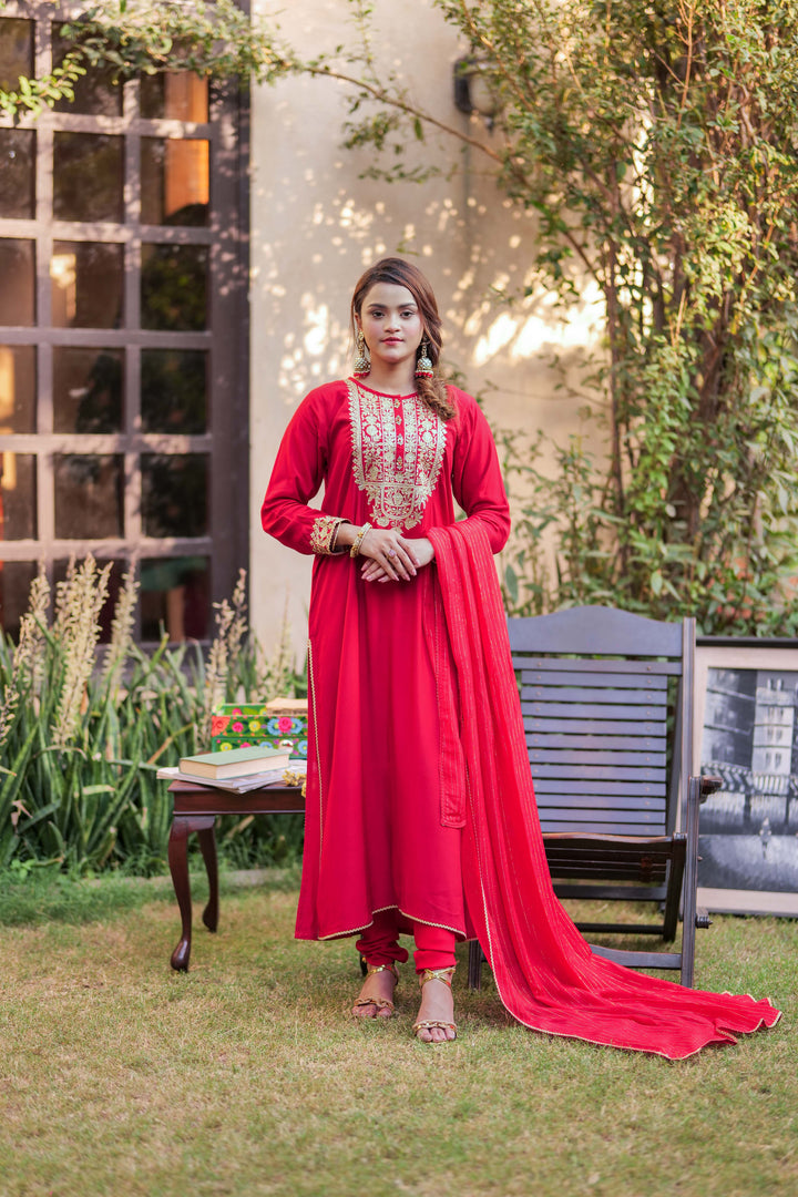 Senorita Women RTW Women Solids Red and Gold Formal 3 Piece Suit Viscose Raw Silk LDD-02740 - Winter Collection
