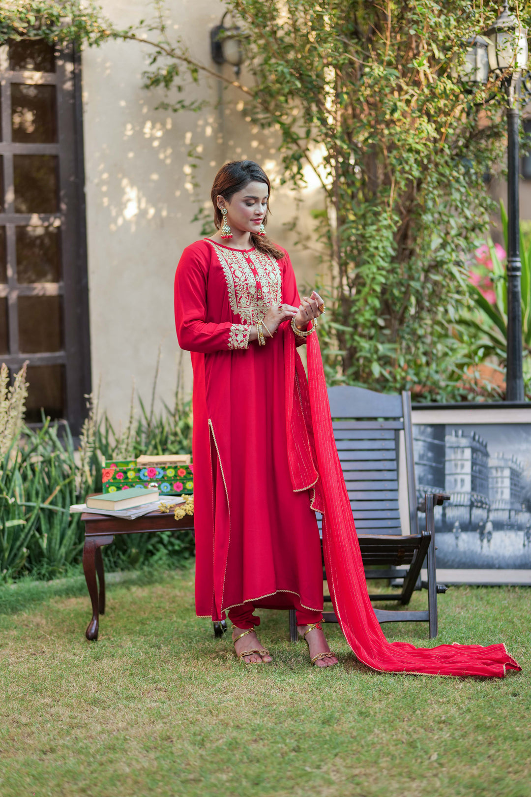 Senorita Women RTW Women Solids Red and Gold Formal 3 Piece Suit Viscose Raw Silk LDD-02740 - Winter Collection