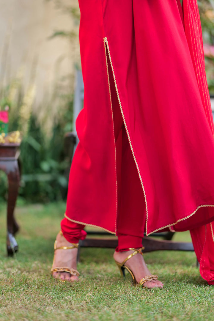 Senorita Women RTW Women Solids Red and Gold Formal 3 Piece Suit Viscose Raw Silk LDD-02740 - Winter Collection