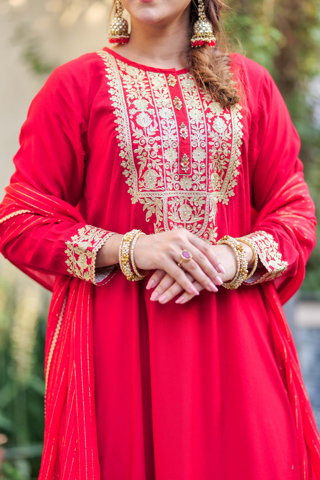 Senorita Women RTW Women Solids Red and Gold Formal 3 Piece Suit Viscose Raw Silk LDD-02740 - Winter Collection