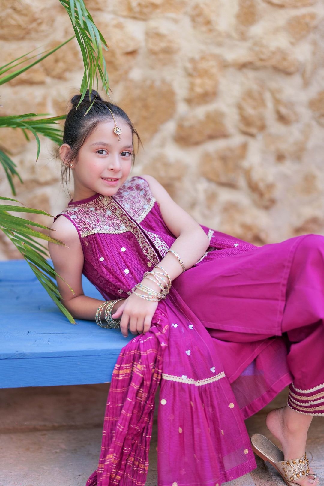 Senorita Kids RTW Magenta and Gold Formal 3 Piece Suit Bori Net Fancy  KDD-02759 - Winter Collection