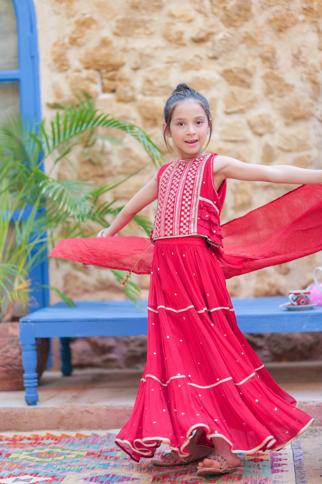 Senorita Kids RTW Red and Gold Formal 3 Piece Suit Crinkle Chiffon Fancy  KDD-02755 - Summer Collection