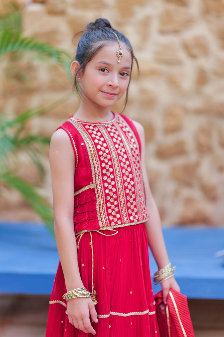 Senorita Kids RTW Red and Gold Formal 3 Piece Suit Crinkle Chiffon Fancy  KDD-02755 - Summer Collection